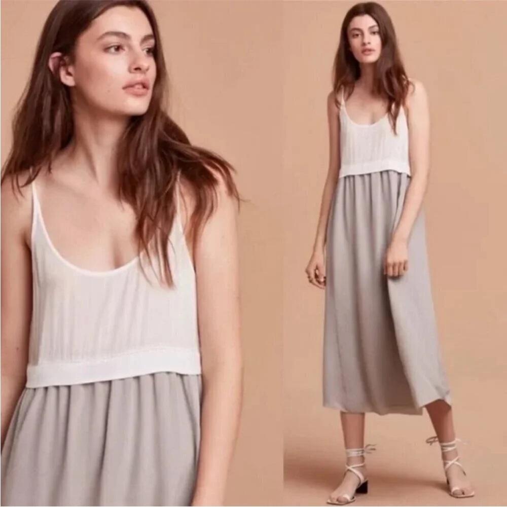Aritzia Wilfred Silk Maxi Dress in White and Taupe Gray